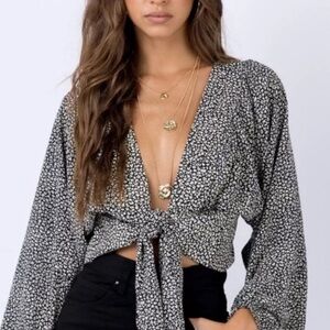 Princesses Polly Black and Cream Tie Front Semi Cropped Blouse with Long Sleeves